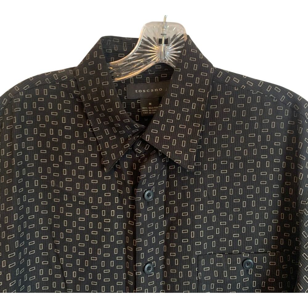 Toscano Mens Medium 100% Silk Black Gray Geometric Rectangle Button Up Shirt